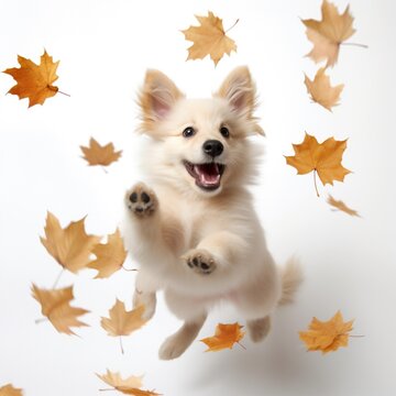 Cute dog puppy jumping inside maple leaf white background picture AI generated art