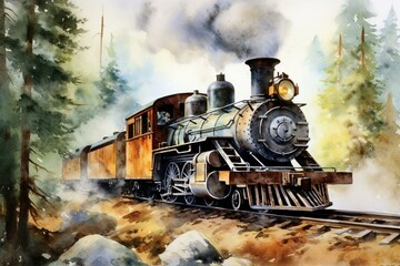 Fototapeta na wymiar watercolor painting wooden steam train. Generative AI