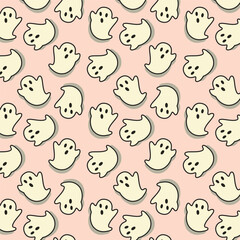 Cute seamless pattern with ghosts on pink background. Halloween pattern for kids. Vector illustration.