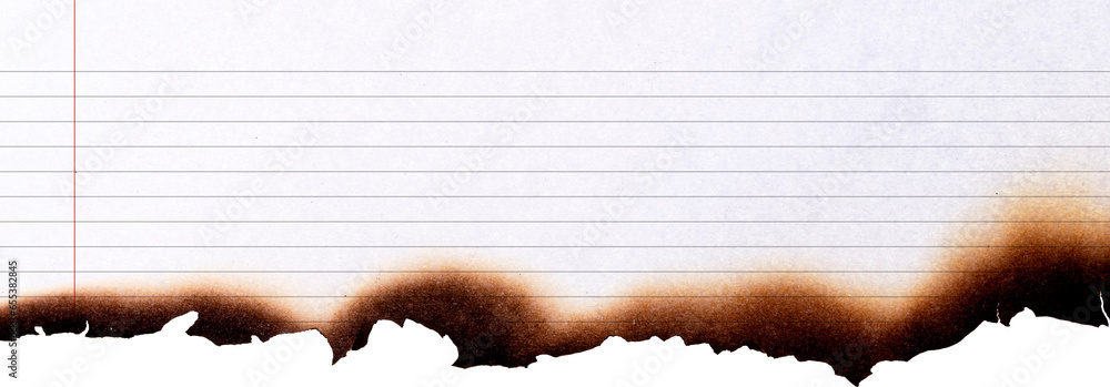 Wall mural notebook paper burned half isolated on white background with clipping path