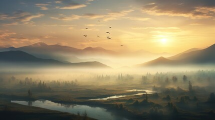  a painting of birds flying over a misty valley at sunset.  generative ai