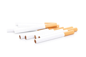 Close up of a smoking cigarettes on white background, Cigarette, tobacco in roll paper with filter tube