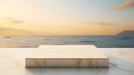 Square Marble Podium in light yellow Colors in front of a blurred Seascape. Luxury Backdrop for Product Presentation