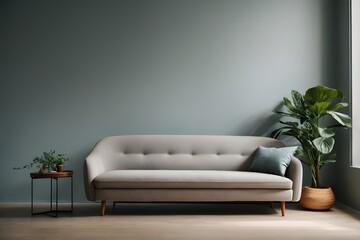 Bright light grey couch near color solid wall. Generative AI.