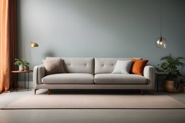 Bright light grey couch near color solid wall. Generative AI.
