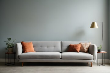 Bright light grey couch near color solid wall. Generative AI. - obrazy, fototapety, plakaty