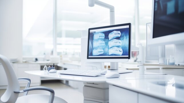 Computer office dental insurance, X-ray, blurred background