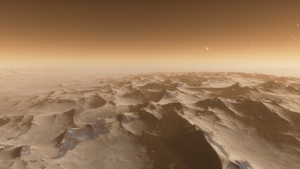 Mars like red planet, with arid landscape, rocky hills and mountains, for space exploration and science fiction backgrounds.
