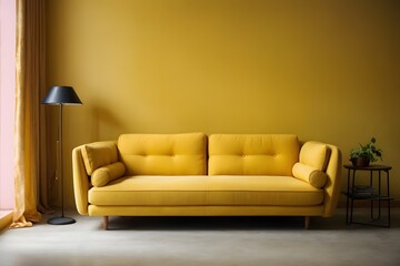 Bright light yellow couch near color solid wall. Generative AI.