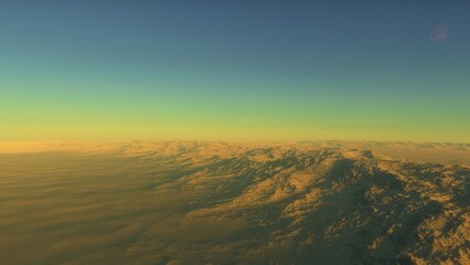 Mars like red planet, with arid landscape, rocky hills and mountains, for space exploration and science fiction backgrounds.
