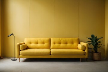 Bright light yellow couch near color solid wall. Generative AI.