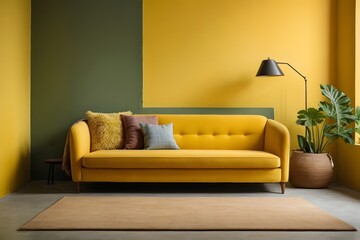 Bright light yellow couch near color solid wall. Generative AI.