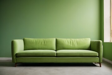 Bright light green couch near color solid wall. Generative AI.
