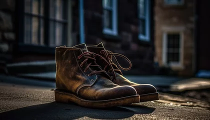 Fotobehang Old, dirty men in old fashioned leather shoes walking in the city generated by AI © Gstudio