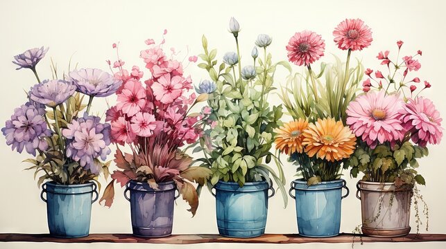  a painting of a row of flower pots with flowers in them.  generative ai