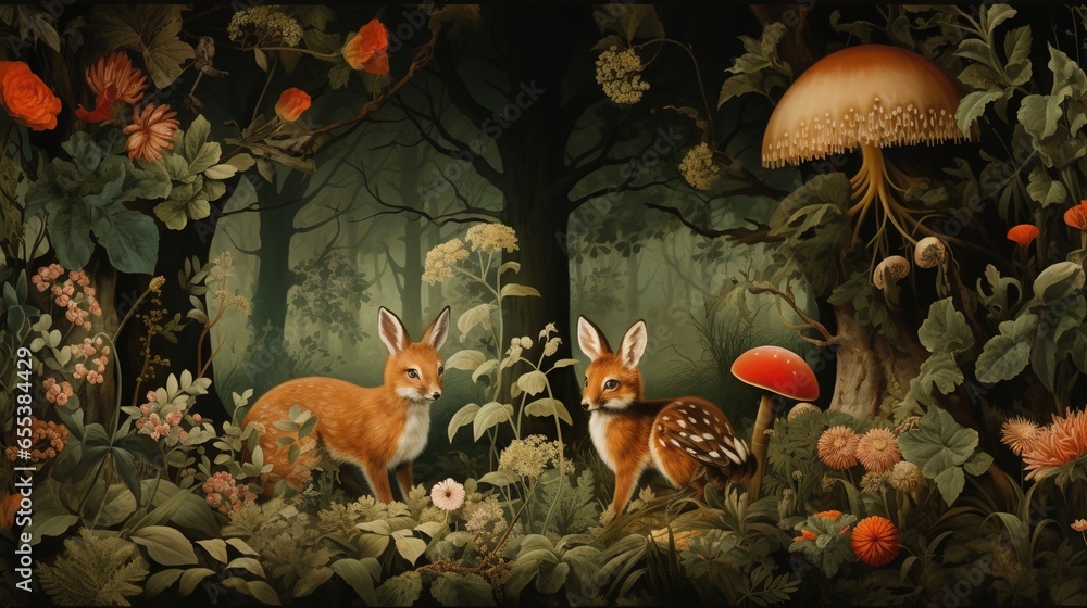 Poster a painting of two deer in a forest with mushrooms and flowers. generative ai