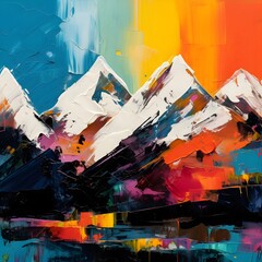 abstract painting of mountains in the blue, orange and yellow colors