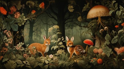 Obraz na płótnie Canvas a painting of two deer in a forest with mushrooms and flowers. generative ai