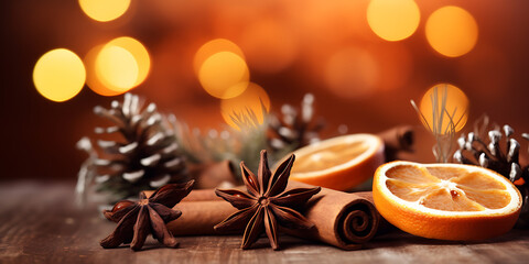 Traditional Christmas spices and dried orange slices on holiday bokeh background  - obrazy, fototapety, plakaty