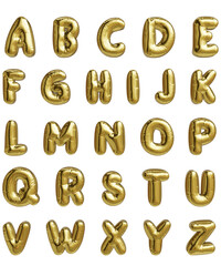 Golden alphabet letters in 3d metallic balloon shape. Plump font.