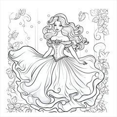 Ballerina in a cloud with flower petals. Coloring book with ballerina. Dancing. Black and white vector illustration.