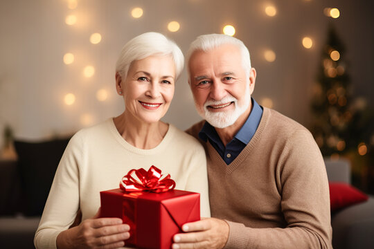 Generative AI illustration of elderly couple sitting on sofa holding gift box wrapped with red ribbon while smiling and looking at camera against blurred illuminated living room