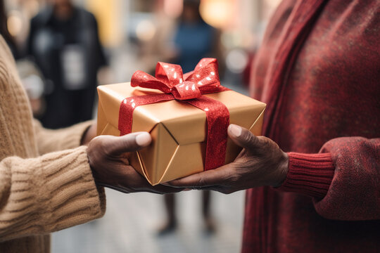 Generative AI illustration of crop anonymous black people exchanging Christmas gift box with red ribbon while standing against blurred street