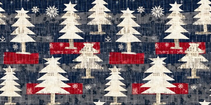 Old-Fashioned christmas tree with primitive hand sewing fabric effect endless edging. Cozy nostalgic homespun winter hand made crafts style trim. 