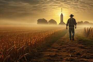 Back view of a farmer walks along his cornfield in the evening fog. In the distance is a granary. Rural life and agriculture. - obrazy, fototapety, plakaty