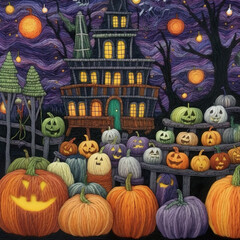 Knitted Watercolor Halloween Night Background
