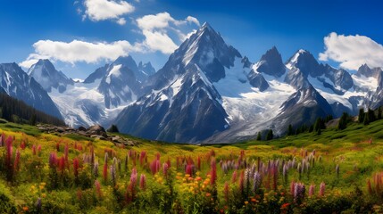 Panoramic view of Mount Cook and alpine meadows, New Zealand