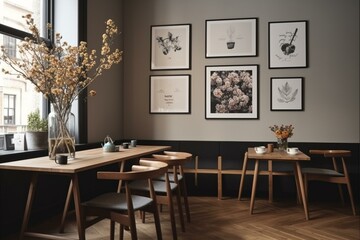 Elegant Scandinavian eatery with framed posters, wooden table, chairs, coffee, and floral arrangements. Customizable design. Generative AI