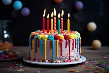 Colorful birthday cake with candles on a table. Generative AI