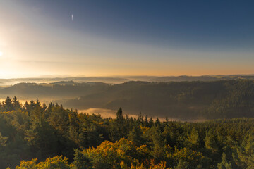 Autumn morning near Krasno village with color fall meadows and trees