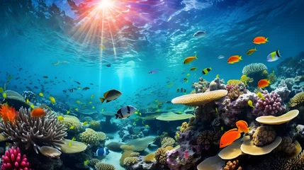 Fensteraufkleber Underwater panoramic view of coral reef and tropical fish. © Iman