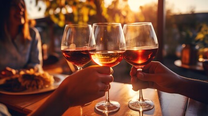 People clinking wine glasses on the summer terrace of a cafe or restaurant. Generative AI