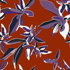 Seamless floral pattern with tropical leaves on a crimson background