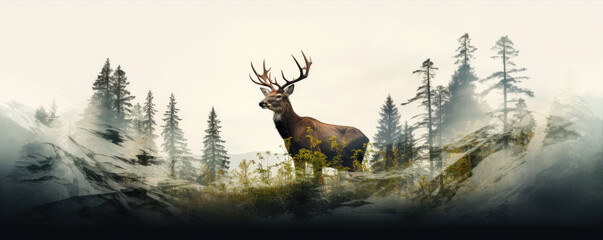 Portrait of red deer in wild nature design for t-shirt printing.