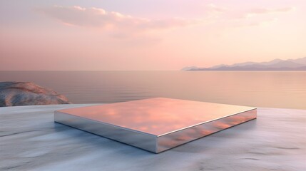 Square Marble Podium in rose gold Colors in front of a blurred Seascape. Luxury Backdrop for Product Presentation