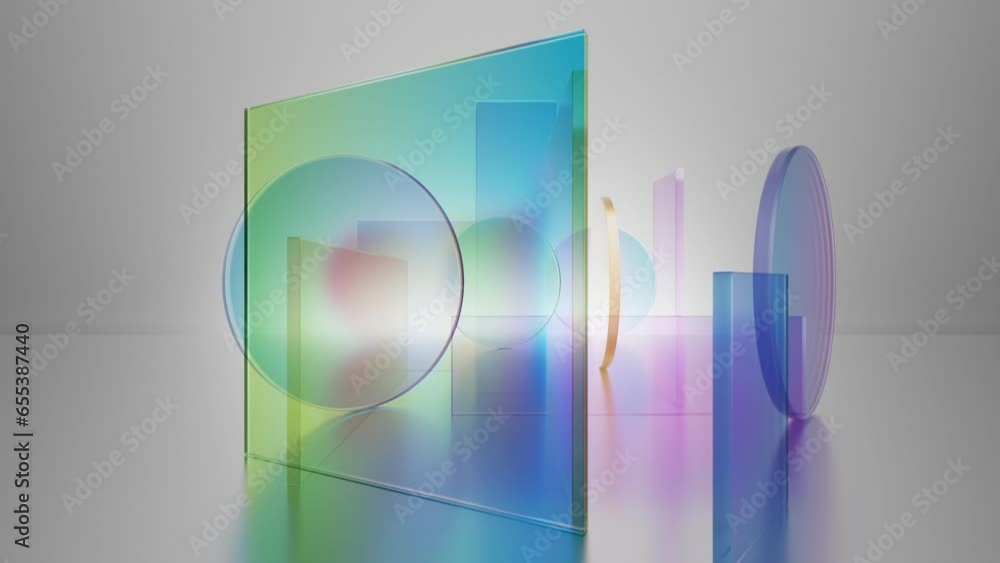 Poster assorted geometric translucent glass blocks spinning on a white background. 3d loop motion animation