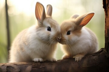 two cute fluffy rabbits sitting together outside