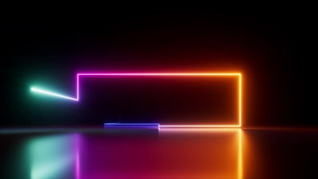 looped 3d animation, abstract background with colorful laser line glowing in the dark. Gradient neon light moves along the geometric trajectory