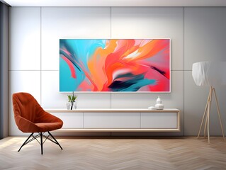 TV on the wall in modern living room. 3d illustration.