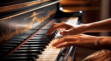 close-up of hands playing piano, person playing piano, piano background - obrazy, fototapety, plakaty