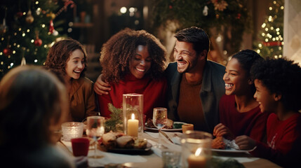 Obraz na płótnie Canvas Happy multi-ethnic friends having christmas dinner at home