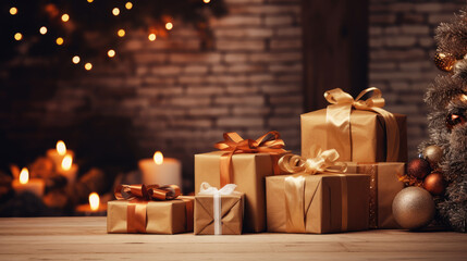 Boxes with Christmas gifts near fir tree in room. New year greeting card.