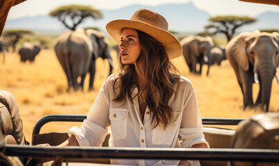 Adventure of a Lifetime: Woman Observing Elephant from Safari Vehicle - Powered by Adobe