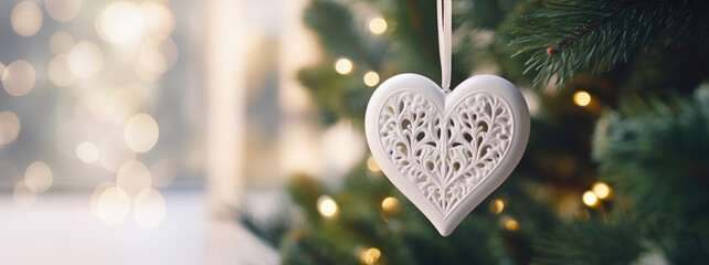 White ceramic heart hanging on a fir branch. Christmas and New Year holidays. - obrazy, fototapety, plakaty