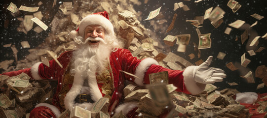 Capitalist Claus's Celebration. Santa Claus Revels in an Ecstatic Festive Extravaganza Surrounded by Money and Gifts. A Capitalistic Holiday - obrazy, fototapety, plakaty