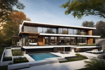 Fototapeta premium a modern villa with floor-to-ceiling glass facade, surrounded by green gardens and a private infinity pool - AI Generative